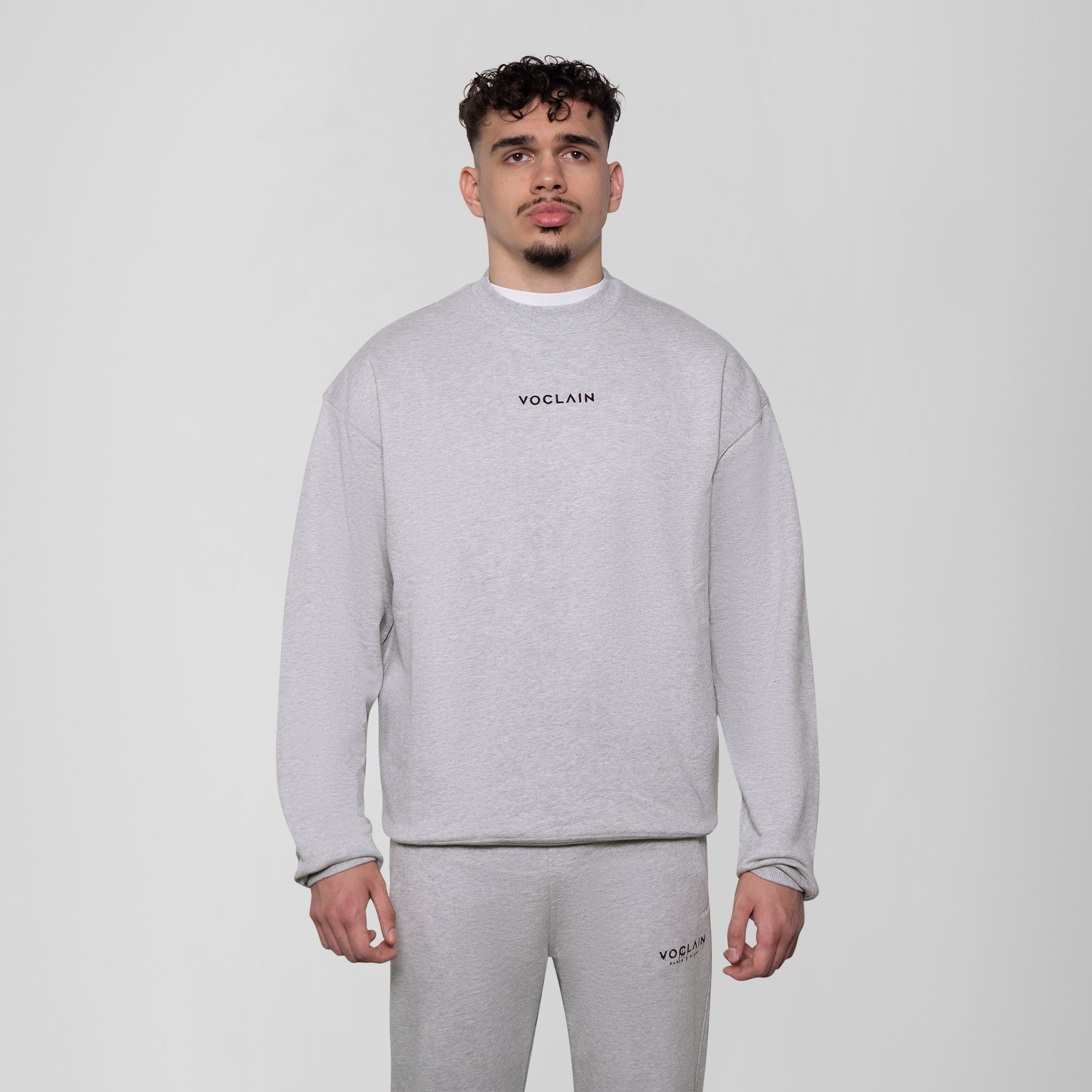 Model with Voclain Gray Sweater